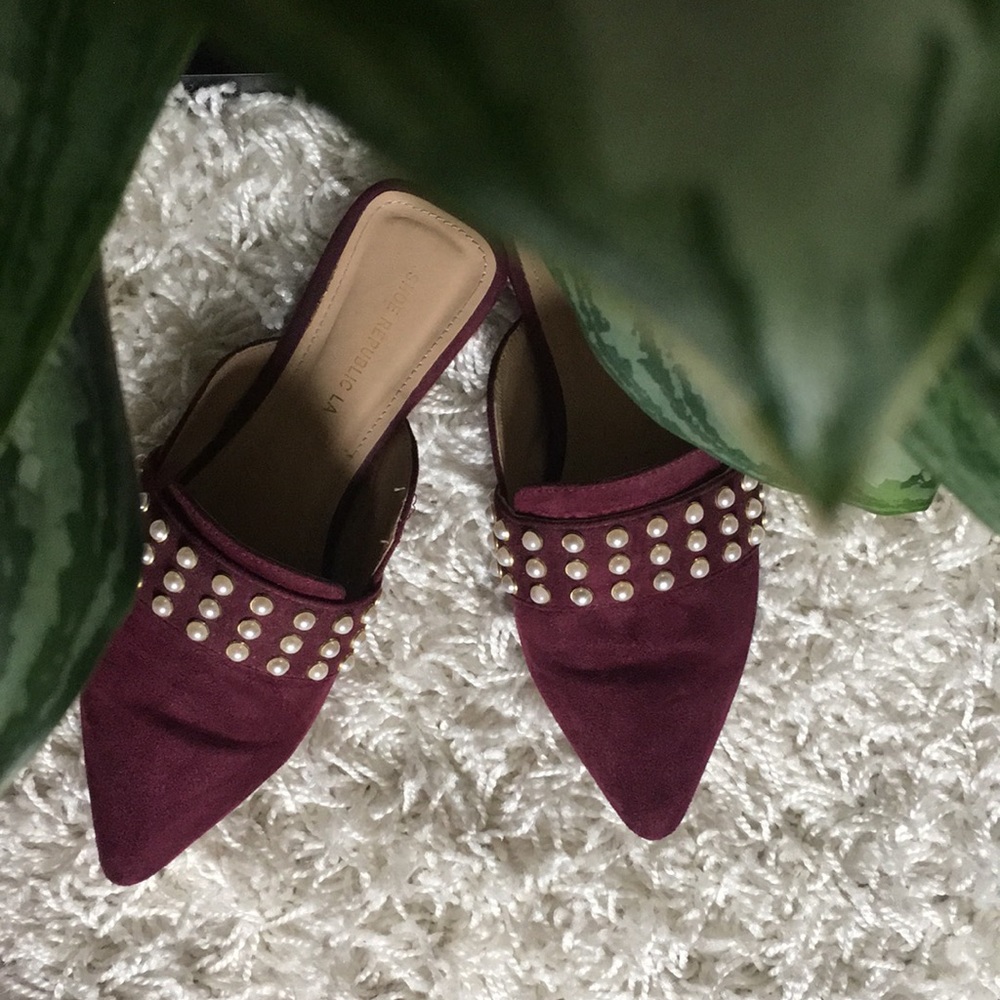 Pearl Studded Burgundy Faux Suede Mules